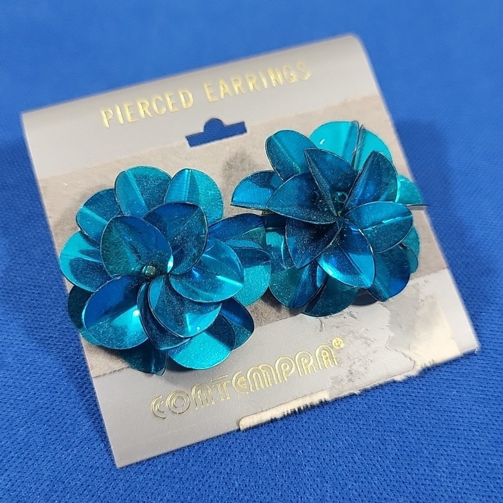 Vintage 80s Earrings Blue Metallic Shimmer 3D Flowers Peacock‎ Burst Posts